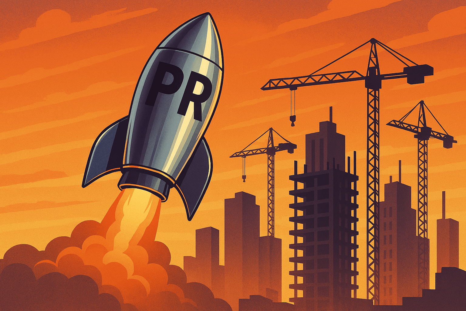 AI image generated with this prompt: Create a landscape shaped image of a shiny retro looking rocket (no windows or other details) with a sign on it that just says "PR". Have it launching in front of skyscrapers being built with a sunset background